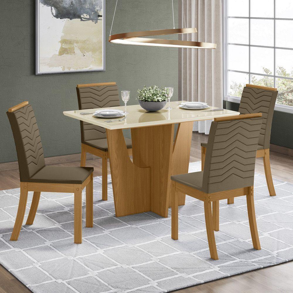 Conjunto Sala De Jantar Tampo Mdf Canto Reto Com Vidro 120 Cm 04 Cadeiras Valentina Henn Nature Com Off White E Bege - 1