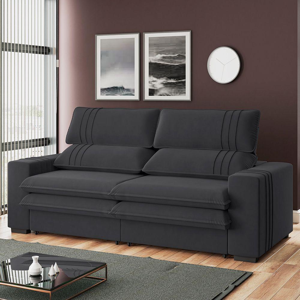 Sofá 2 Lugares Retrátil Noruega 230 Cm Veludo Grafite Pés Tabaco - D'rossi - 2