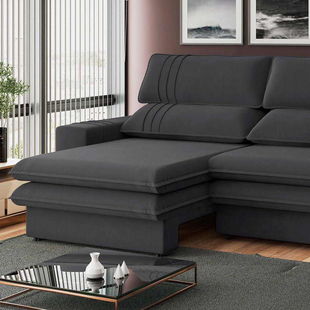 Sofá 2 Lugares Retrátil Noruega 230 Cm Veludo Grafite Pés Tabaco - D'rossi - 6