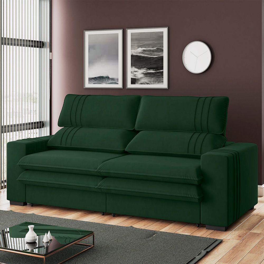 Sofá 2 Lugares Retrátil Noruega 180 Cm Veludo Verde Pés Tabaco - D'rossi - 4
