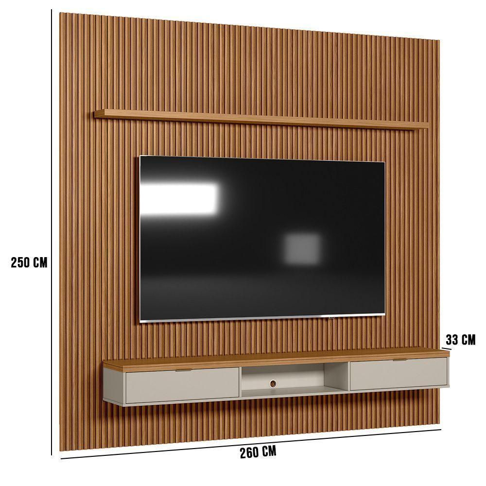 Painel Ripado Marisa Com 1 Nicho Com Tampo Engrossado E 1 Prateleira Nature E Off White 260x250 Cm - 2