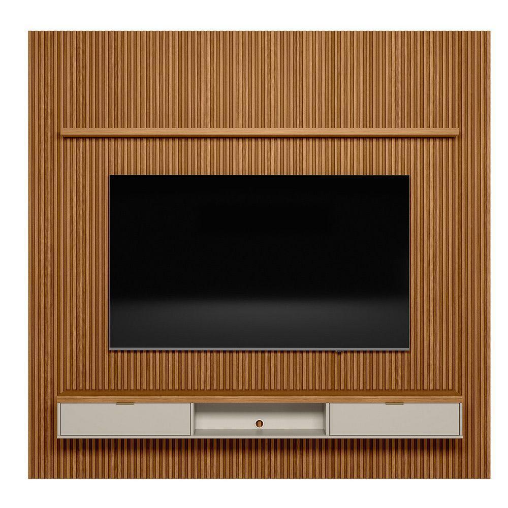 Painel Ripado Marisa Com 1 Nicho Com Tampo Engrossado E 1 Prateleira Nature E Off White 260x250 Cm - 6