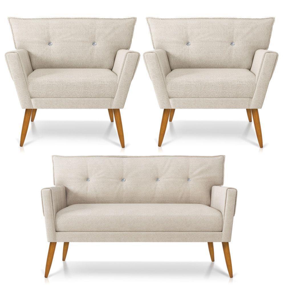 Kit 01 Namoradeira 02 Lugares E 02 Poltronas Anitta Linho Areia A27 Com Strass Pés Palito Castanho - 1