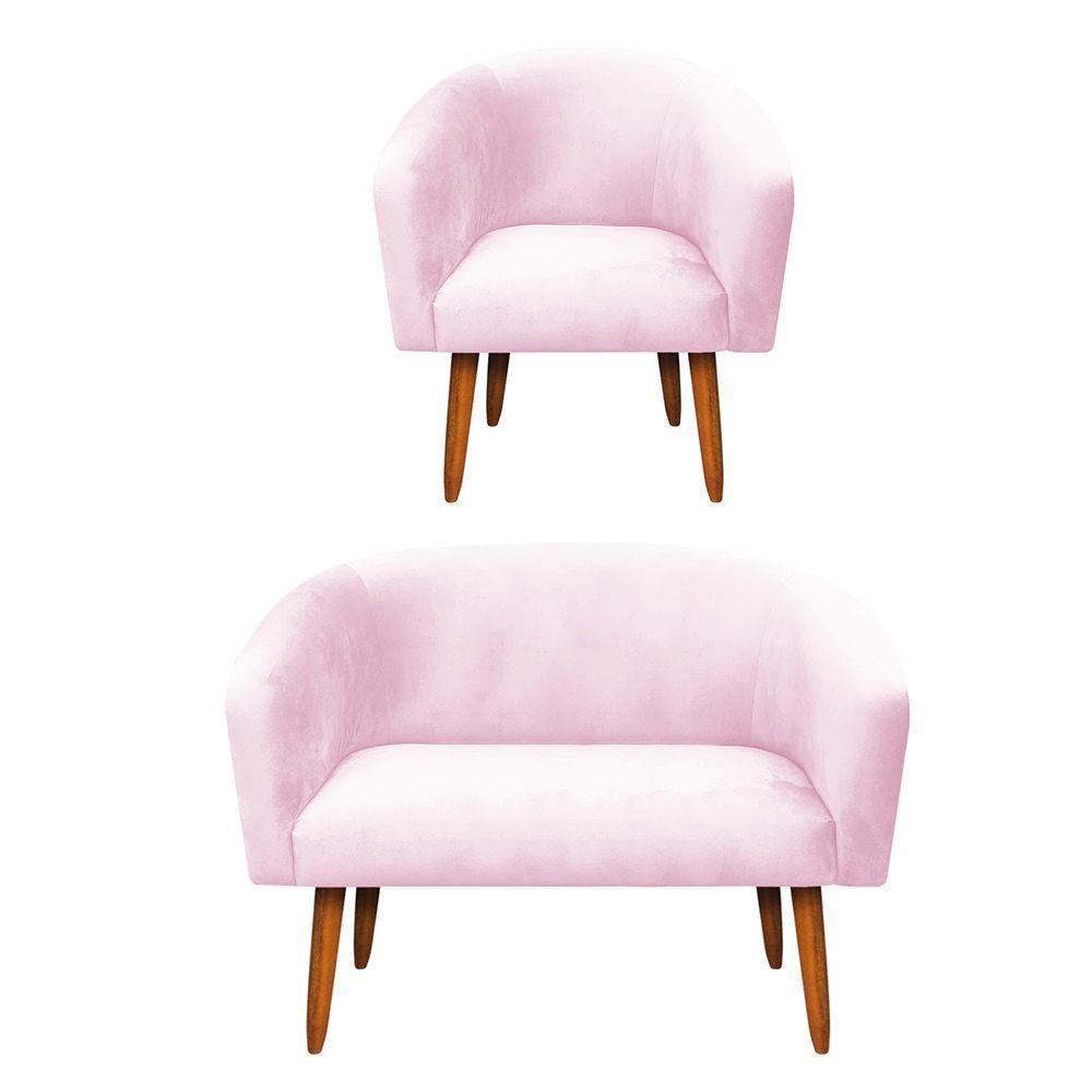 Kit 01 Namoradeira e 01 Poltrona Suede Rosa Bebê Pés Palito - 1