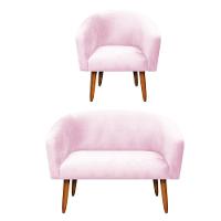 Kit 01 Namoradeira e 01 Poltrona Suede Rosa Bebê Pés Palito - 1