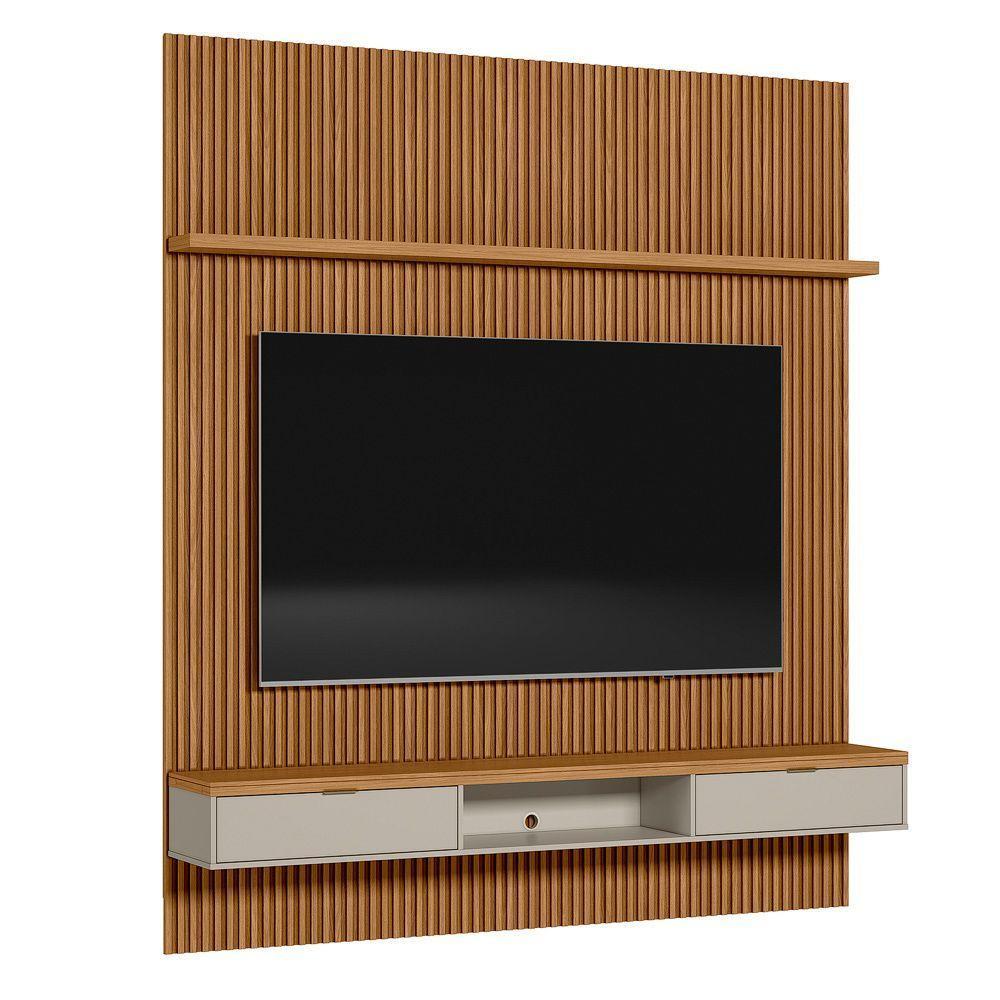 Painel Ripado Marisa Com 1 Nicho Com Tampo Engrossado E 1 Prateleira Nature E Off White 220x250 Cm - 1