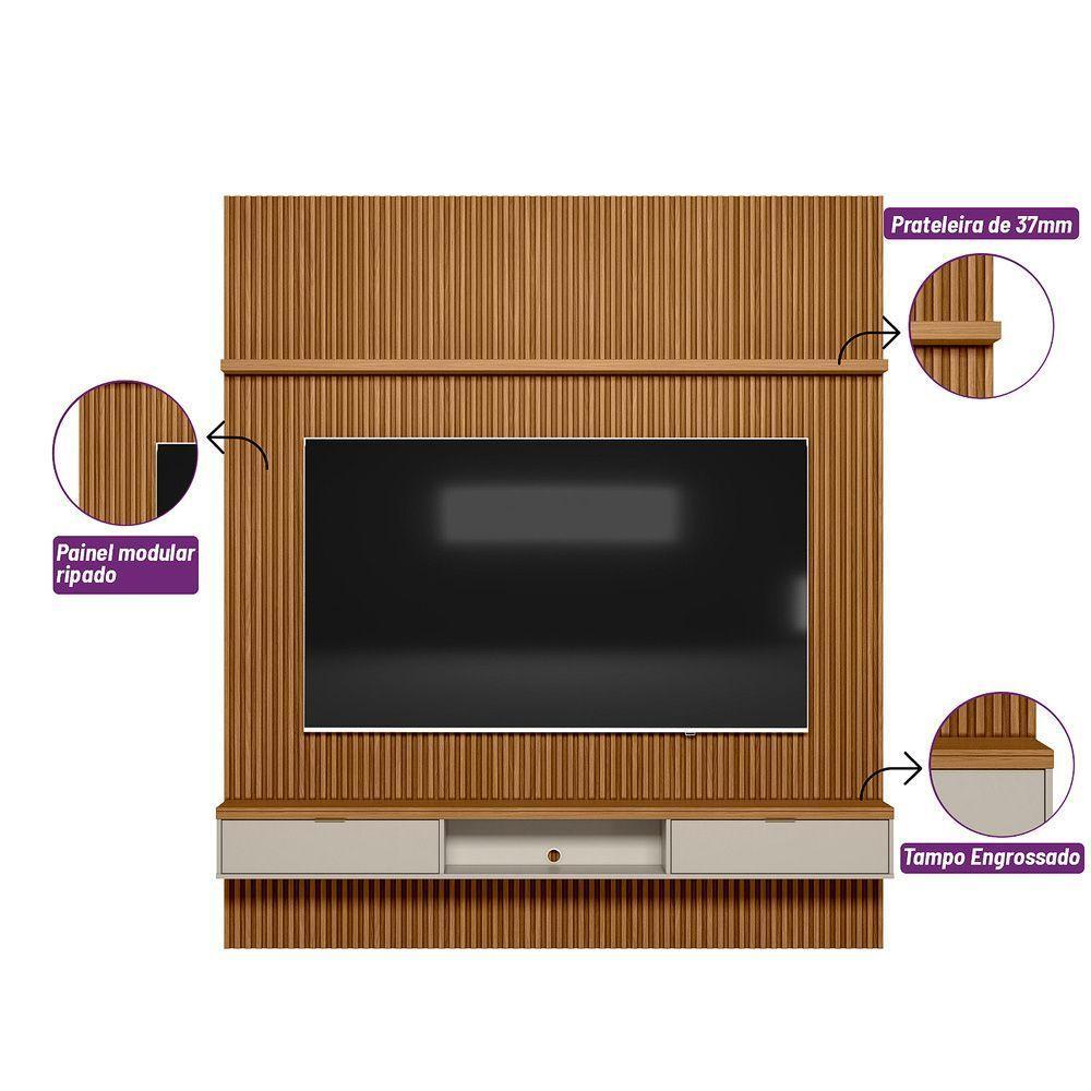 Painel Ripado Marisa Com 1 Nicho Com Tampo Engrossado E 1 Prateleira Nature E Off White 220x250 Cm - 3