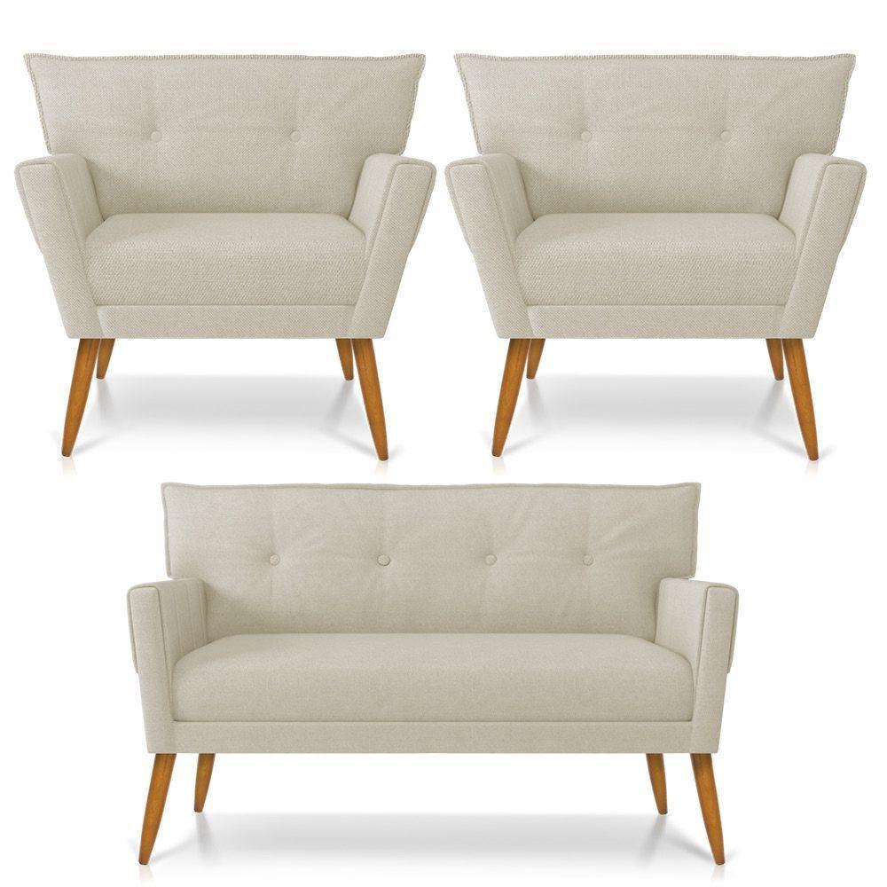 Kit 01 Namoradeira 02 Lugares E 02 Poltronas Anitta Linho Grosso Bege A19 Pés Palito Castanho - 1