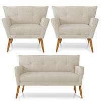 Kit 01 Namoradeira 02 Lugares E 02 Poltronas Anitta Linho Grosso Bege A19 Pés Palito Castanho - 1