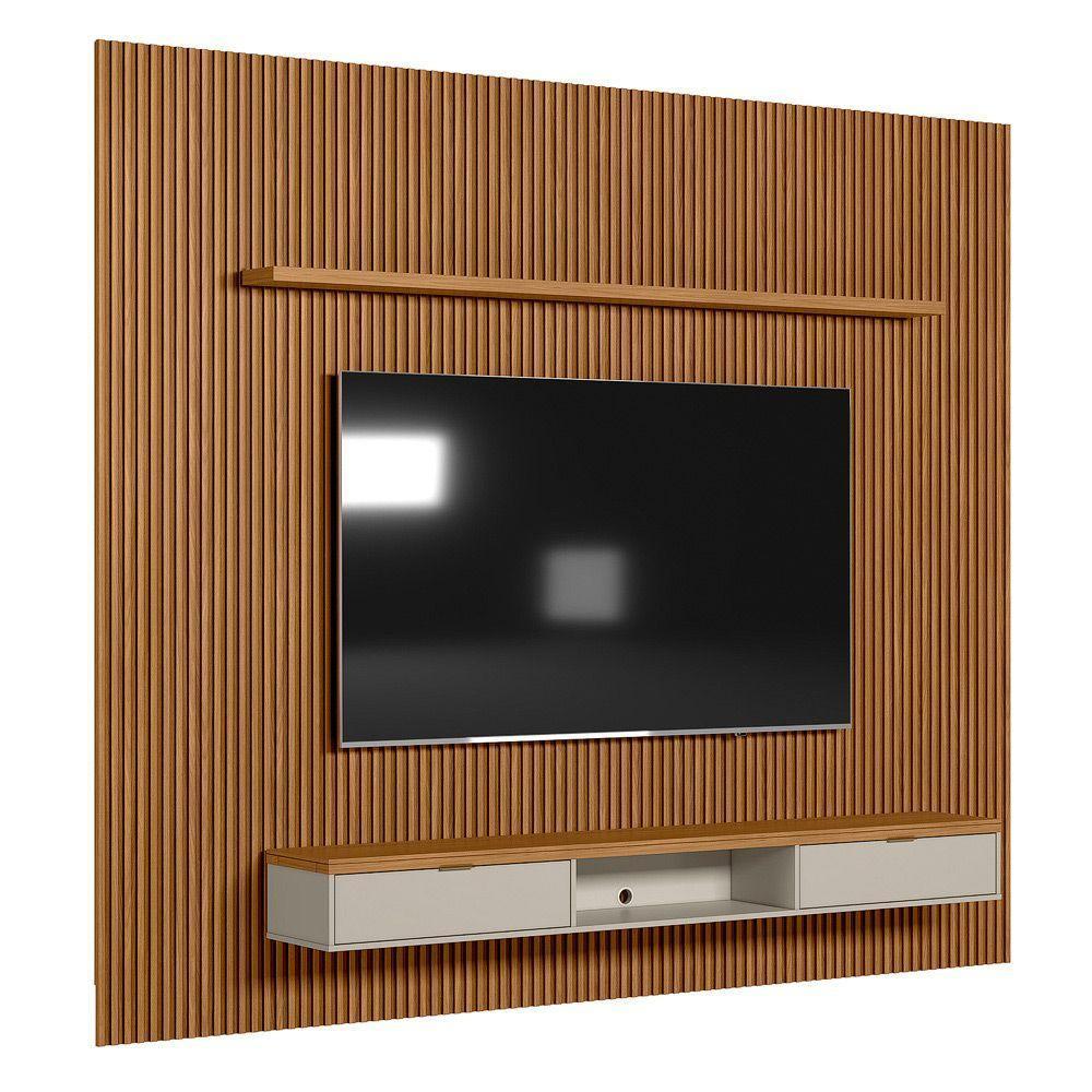 Painel Ripado Marisa Com 1 Nicho Com Tampo Engrossado E 1 Prateleira Nature E Off White 300x250 Cm - 1