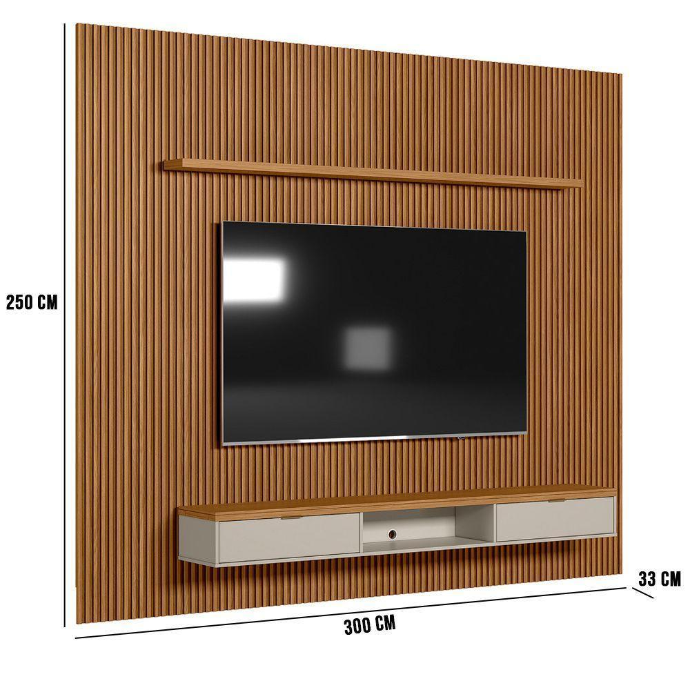 Painel Ripado Marisa Com 1 Nicho Com Tampo Engrossado E 1 Prateleira Nature E Off White 300x250 Cm - 2