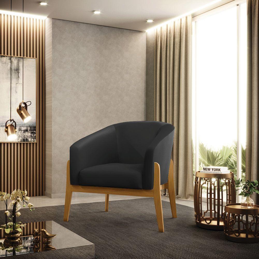 Kit 02 Poltronas Stella Corino Base Madeira Castanho - D'rossi Cor Preto - 1