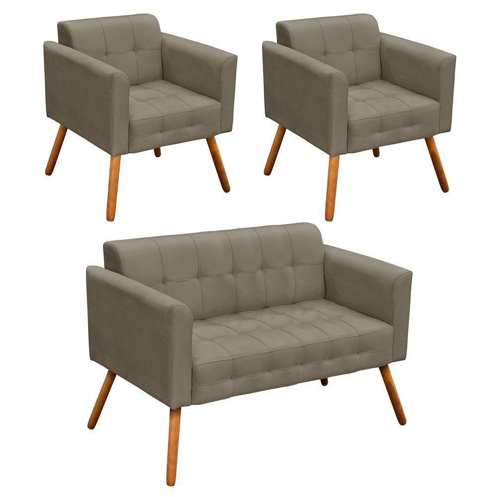 Kit 01 Namoradeira 02 Poltronas Elisa Suede Marrom Rato - 1