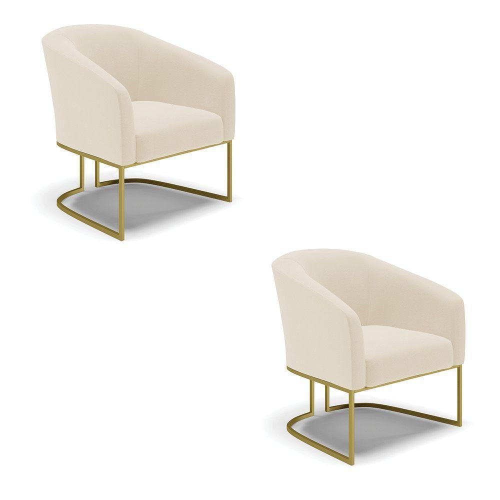 Kit 02 Poltronas Linho Base Industrial Dourada A19 Bege - 1