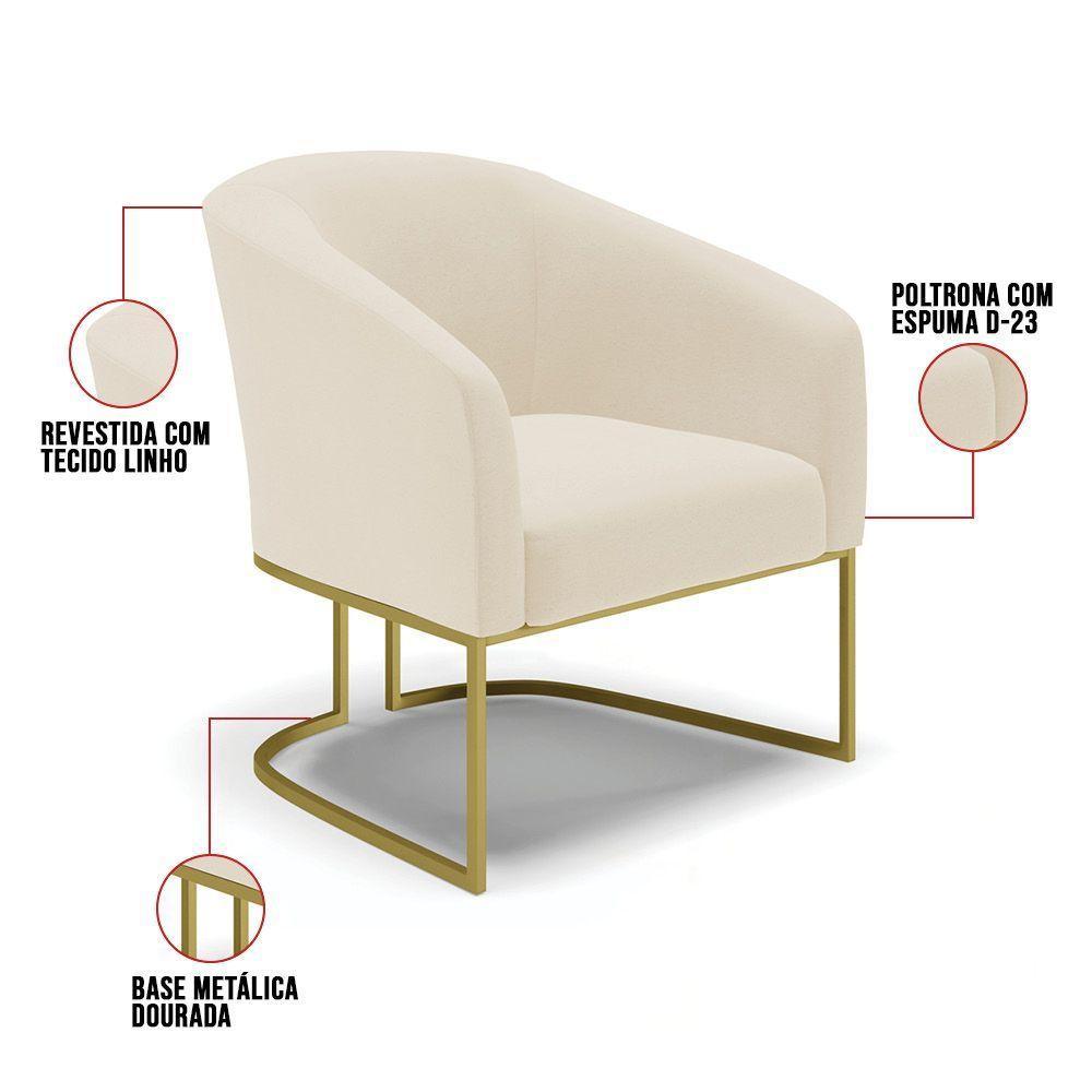 Kit 02 Poltronas Linho Base Industrial Dourada A19 Bege - 4