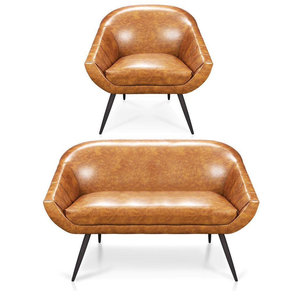 Kit 01 Namoradeira 02 Lugares E 01 Poltrona Giovana Corano Nozes Pés Palito De Ferro - 1