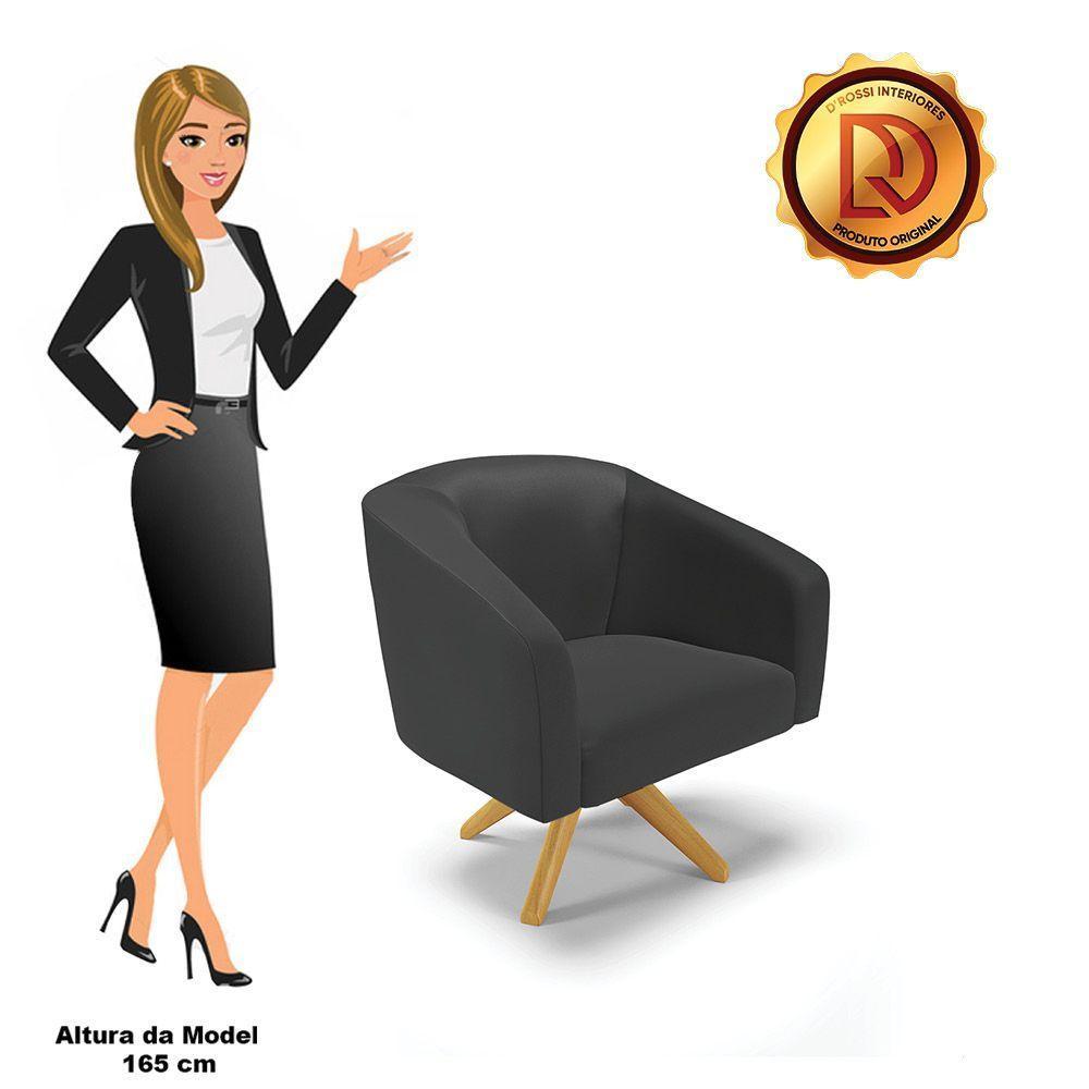 Poltrona Giratória Stella Corino Preto Base Madeira Ma30 - 4