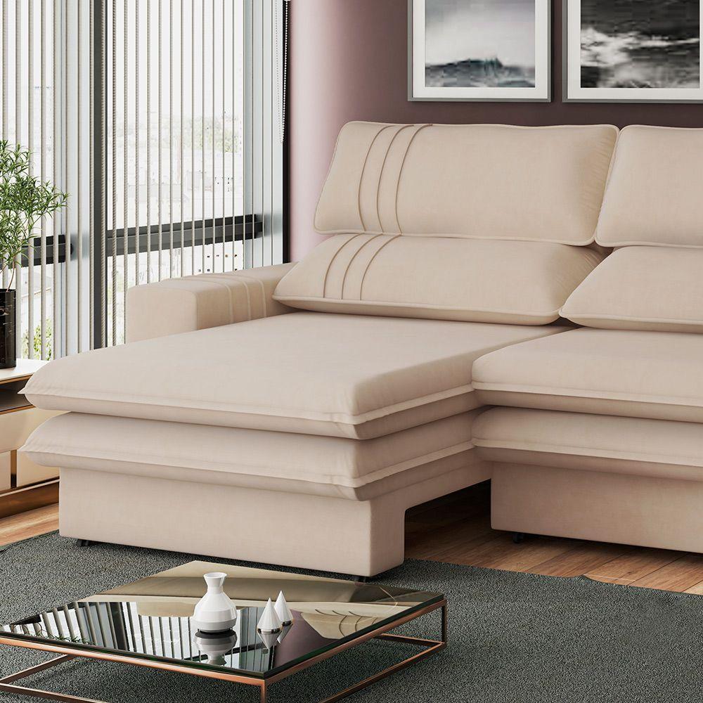 Sofá 2 Lugares Retrátil Noruega 230 Cm Veludo Off White Pés Tabaco - D'rossi - 4