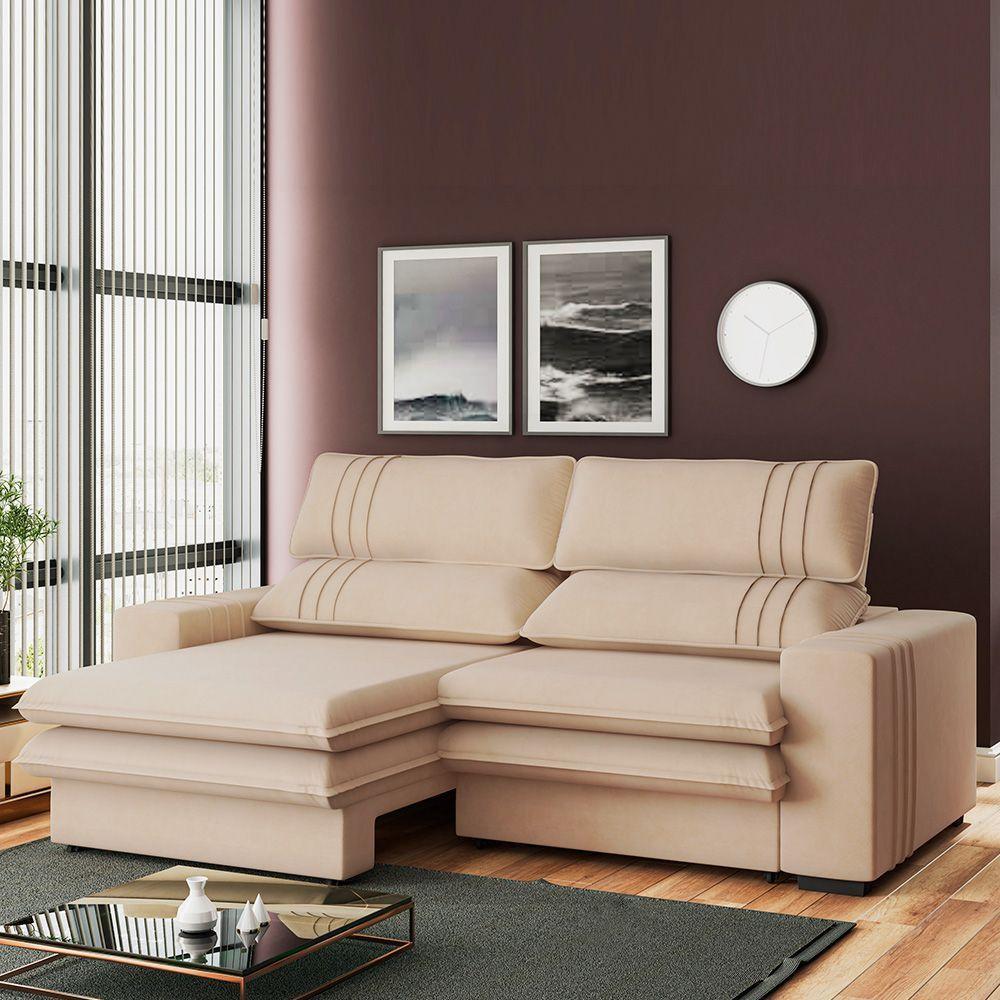 Sofá 2 Lugares Retrátil Noruega 230 Cm Veludo Off White Pés Tabaco - D'rossi - 5