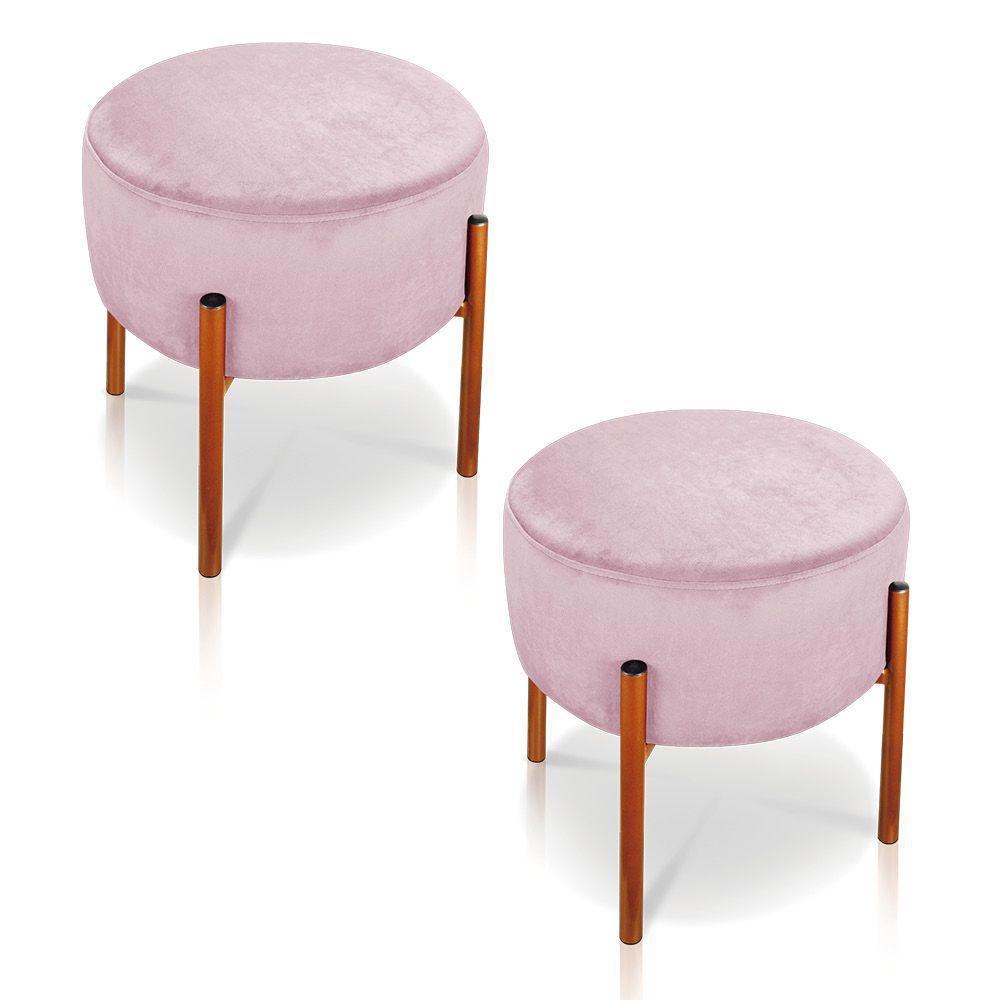 Kit 2 Puffs Iron Suede Rosa Bebê Base Cobre - 1