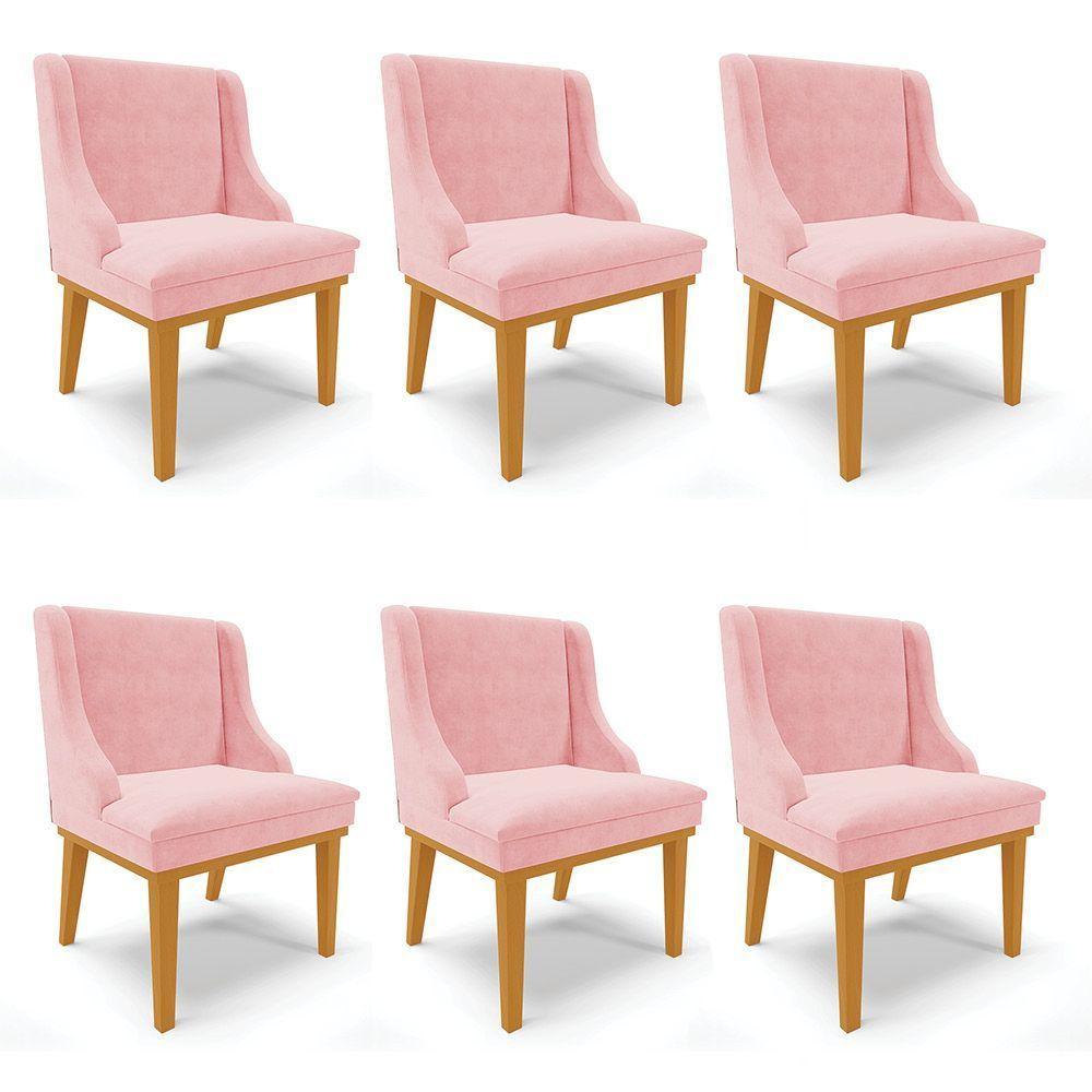 Kit 06 Cadeiras De Jantar Base Madeira Castanho Rosa Bebê - 1