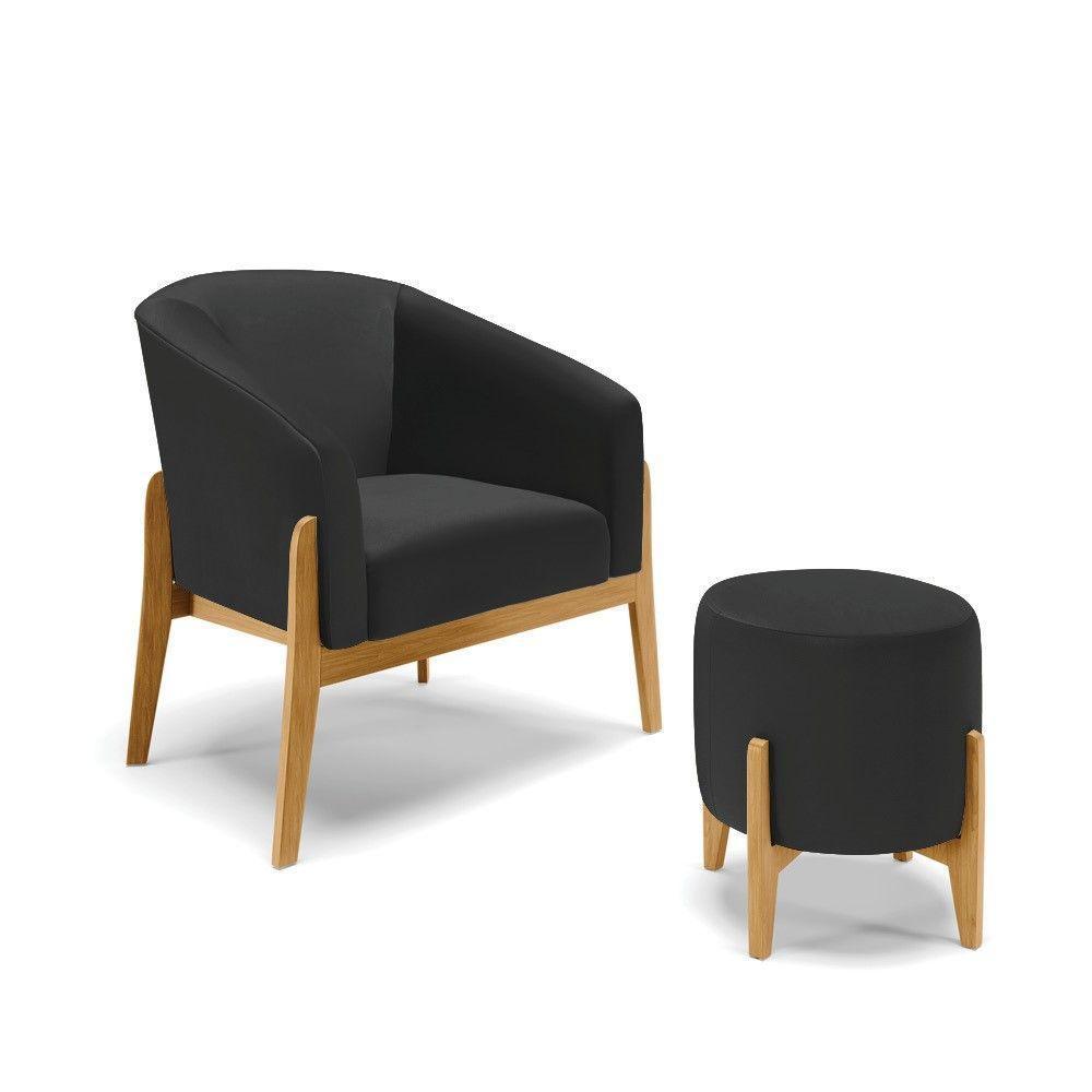 Kit 01 Poltrona E 01 Puff Preto Base Madeira Castanho - 1