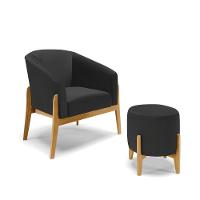 Kit 01 Poltrona E 01 Puff Preto Base Madeira Castanho - 1