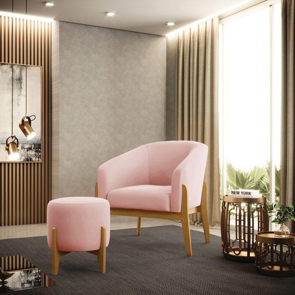 Kit 01 Poltrona E 01 Puff Base Madeira Castanho Cor Rose - 8