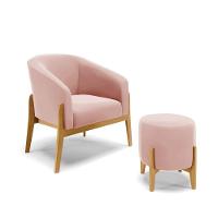 Kit 01 Poltrona E 01 Puff Base Madeira Castanho Cor Rose - 1