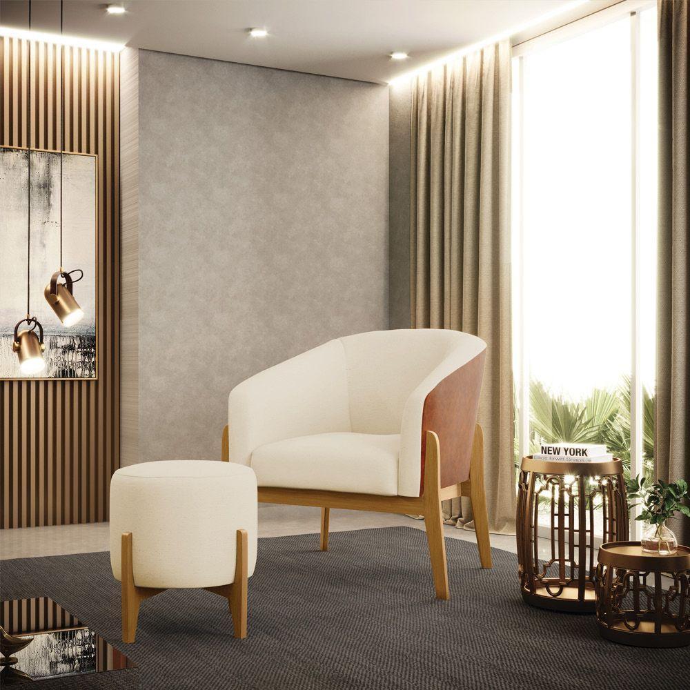 Kit Poltrona E Puff Com Linho Bege A19 Base Castanho - 8