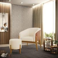 Kit Poltrona E Puff Com Linho Bege A19 Base Castanho - 8