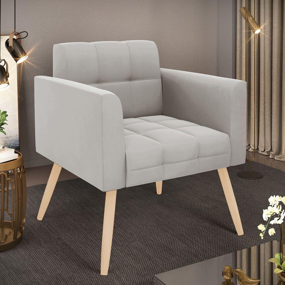 Poltrona Elisa Veludo Cinza Pés Palito Natural - D'rossi - 2