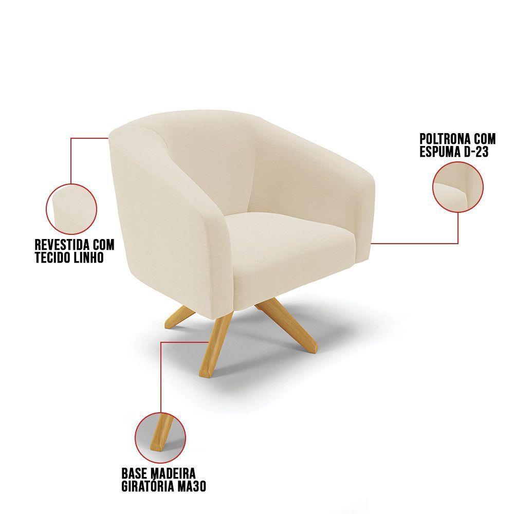 Poltrona Giratória Stella Linho Base Madeira Ma30 A19 Bege - 3