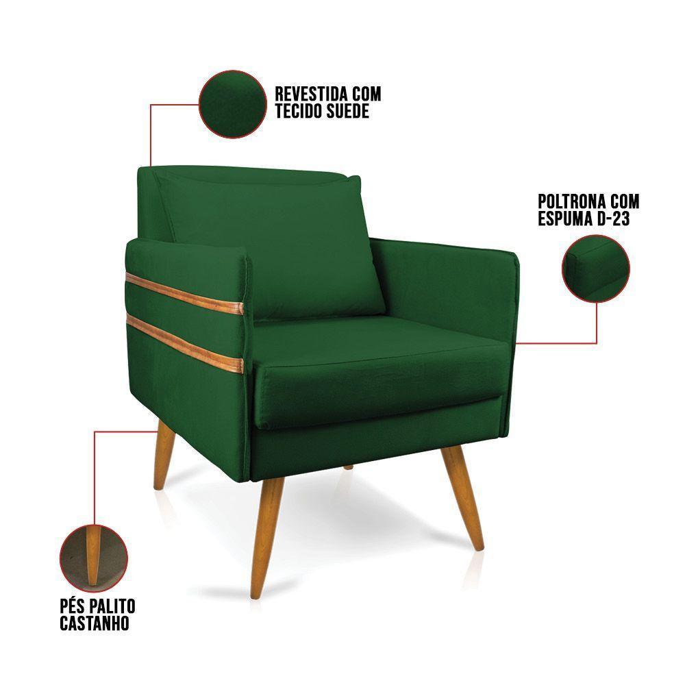 Poltrona Mari Suede Verde Pés Palito Castanho - D'rossi - 3