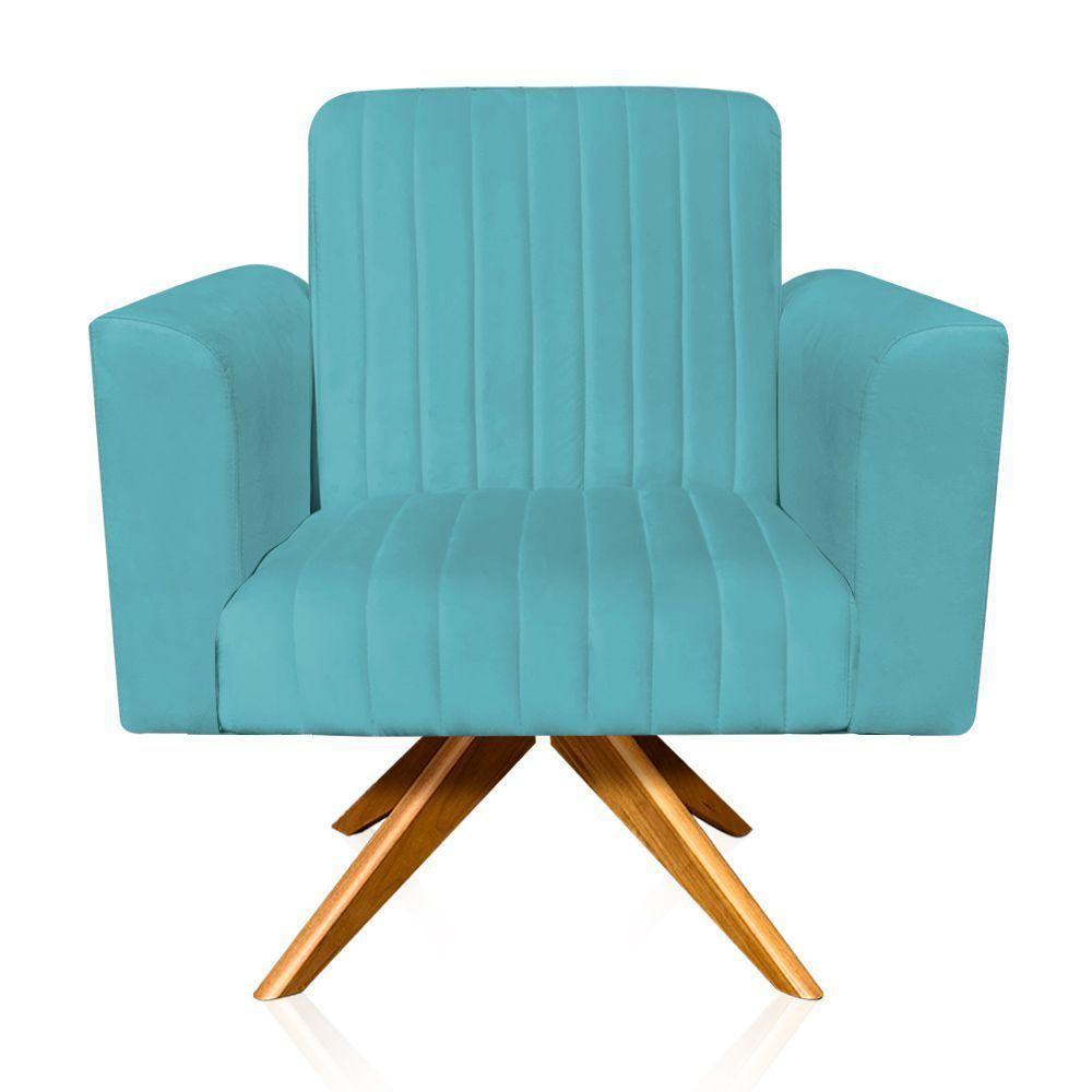 Poltrona Giratória Gomada Base Madeira Azul Turquesa - 1