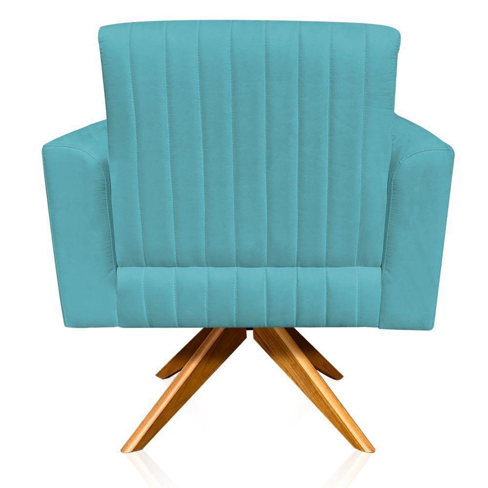 Poltrona Giratória Gomada Base Madeira Azul Turquesa - 6