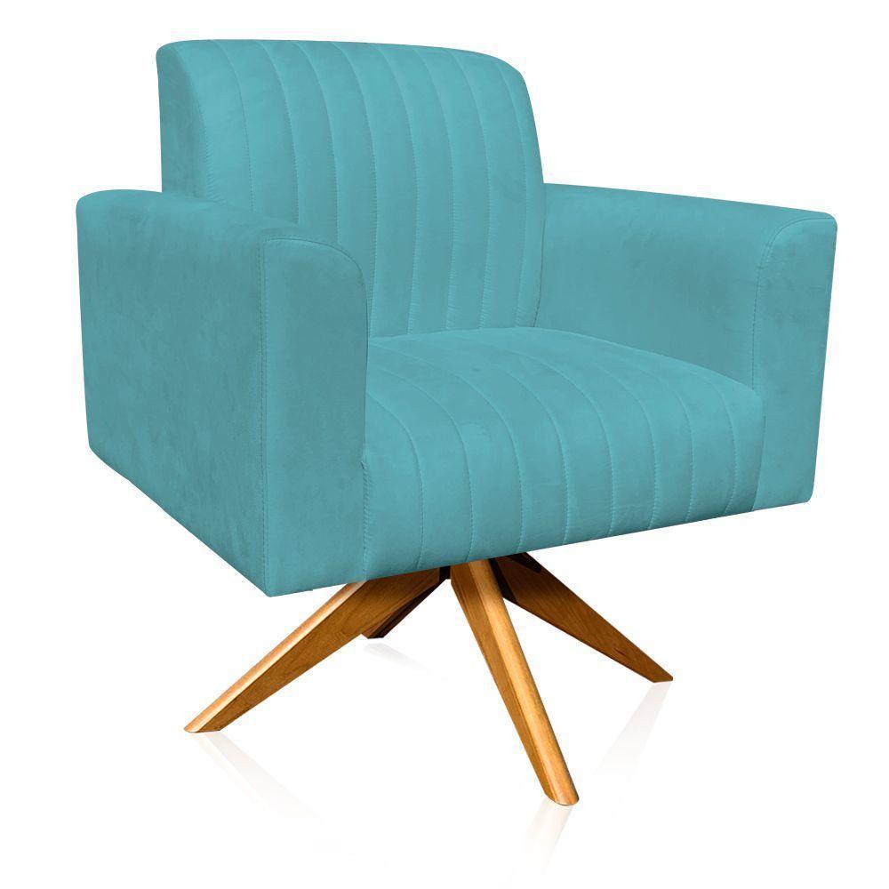 Poltrona Giratória Gomada Base Madeira Azul Turquesa - 8