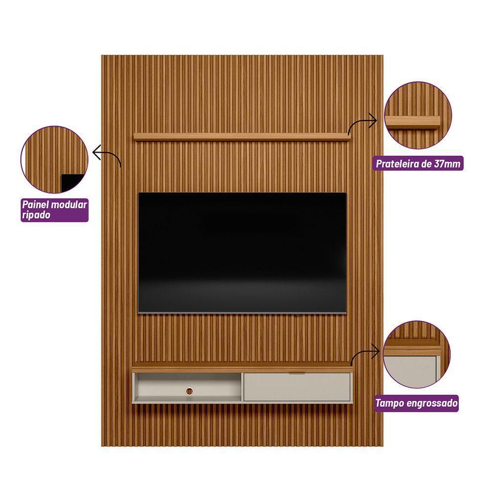 Painel Ripado Marisa Com 1 Nicho Com Tampo Engrossado E 1 Prateleira Nature E Off White 180x250 Cm - 3