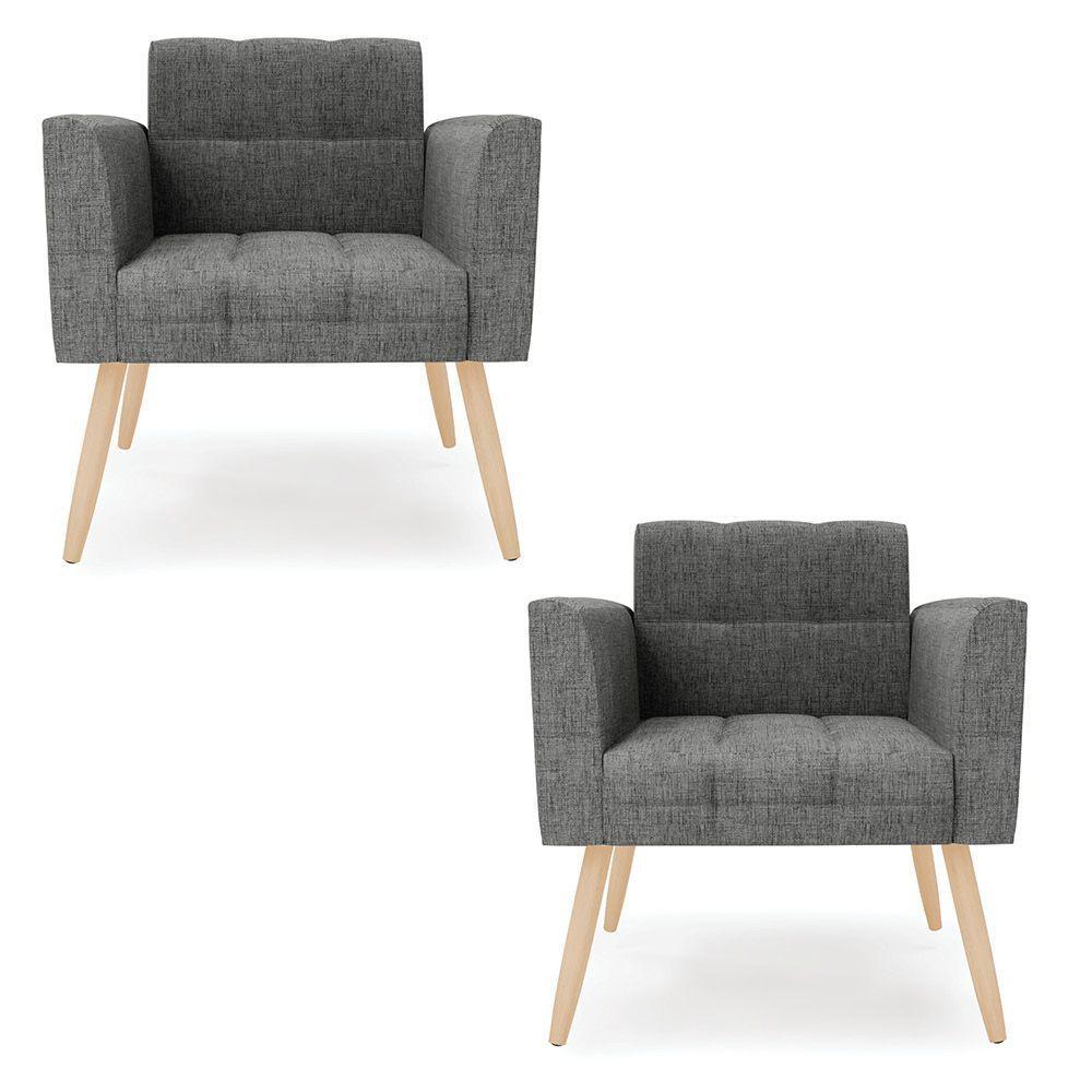 Kit 2 Poltronas Elisa Linho Grafite A26 Pés Palito Natural - D'rossi - 1