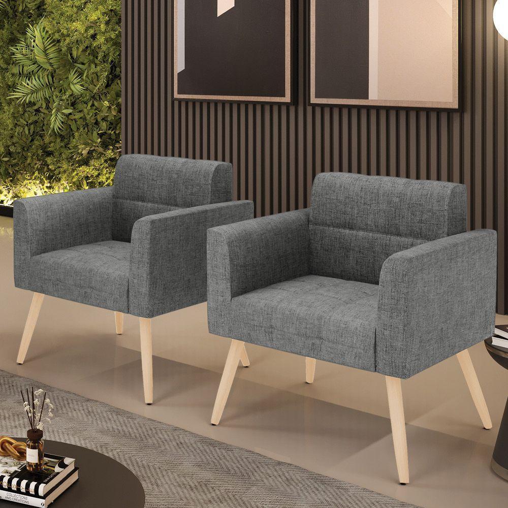 Kit 2 Poltronas Elisa Linho Grafite A26 Pés Palito Natural - D'rossi - 2