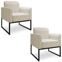 Kit 02 Poltronas Marisa Linho Base Industrial Metálica Preto Cor A19 Grosso Bege - 1