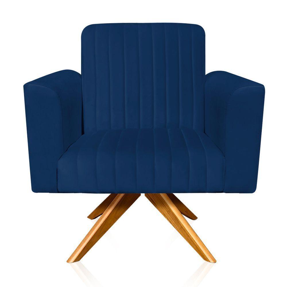 Poltrona Giratória Gomada Base Madeira Azul Marinho - 1