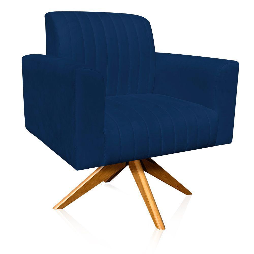 Poltrona Giratória Gomada Base Madeira Azul Marinho - 7