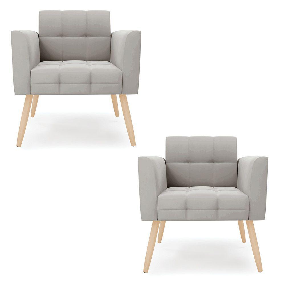 Kit 2 Poltronas Elisa Veludo Pés Palito Natural - D'rossi Cor Cinza - 1