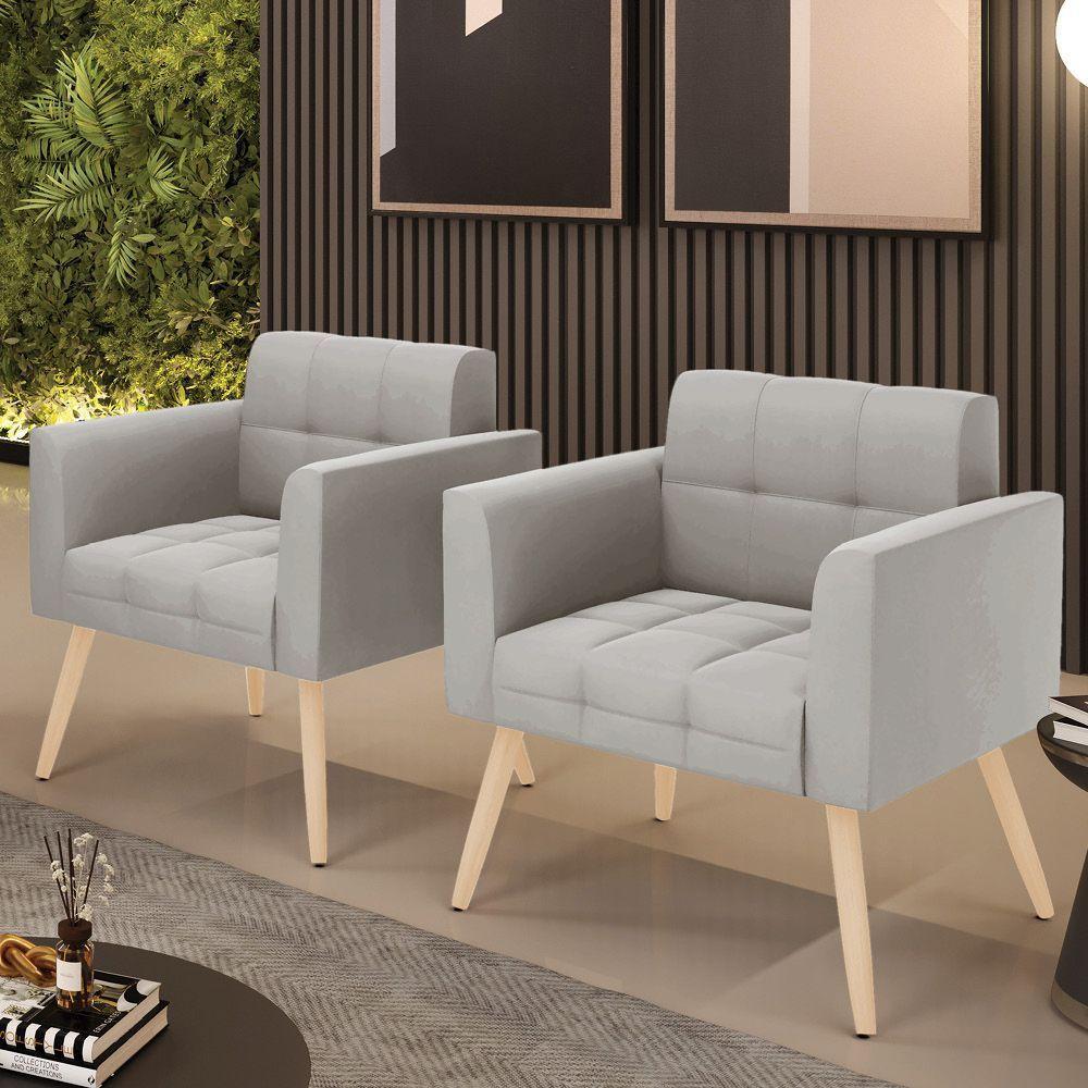 Kit 2 Poltronas Elisa Veludo Pés Palito Natural - D'rossi Cor Cinza - 3