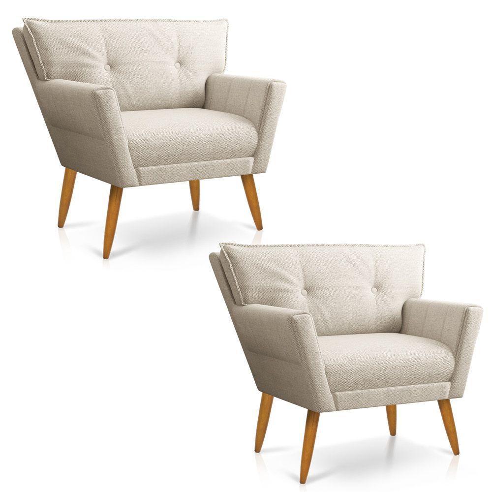 Kit 02 Poltronas Linho Fino Bege A27 Pés Palito Castanho - 1