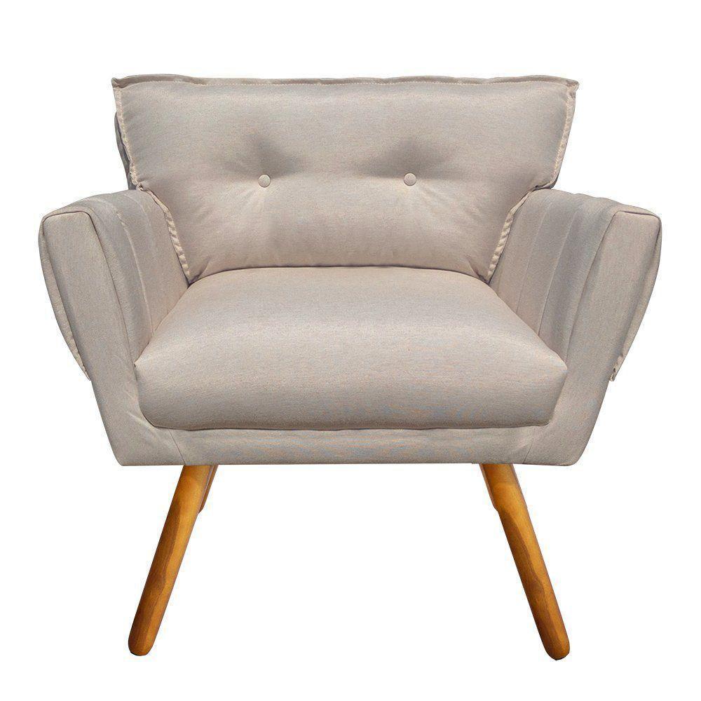 Kit 02 Poltronas Linho Fino Bege A27 Pés Palito Castanho - 4