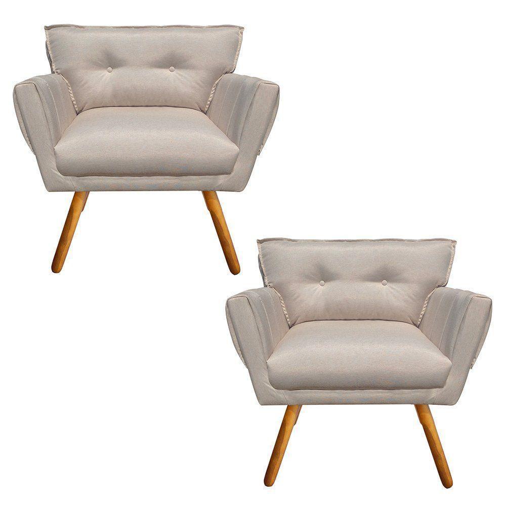 Kit 02 Poltronas Linho Fino Bege A27 Pés Palito Castanho - 6