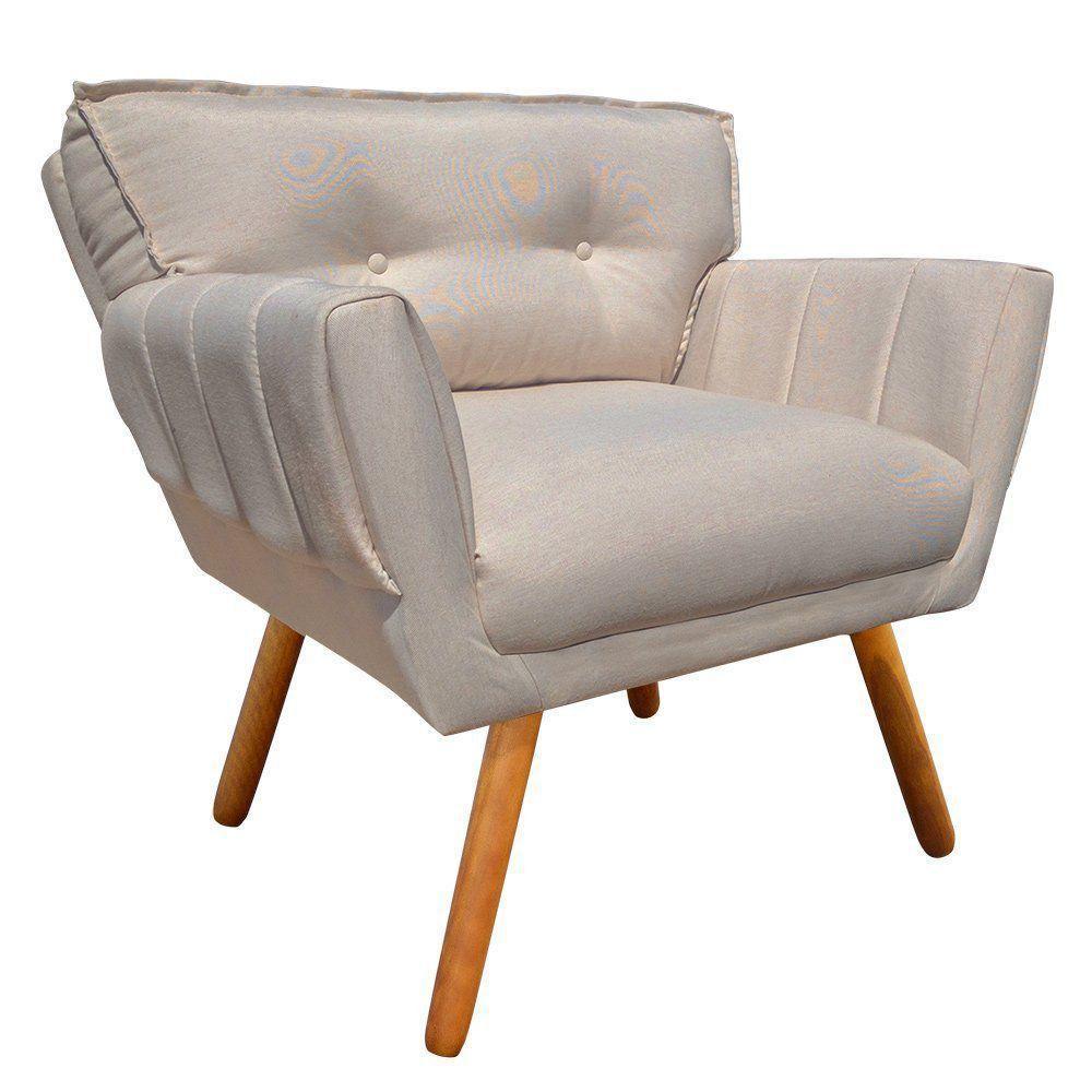 Kit 02 Poltronas Linho Fino Bege A27 Pés Palito Castanho - 7