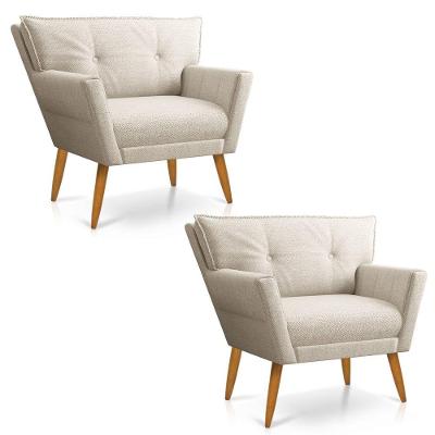 Kit 02 Poltronas Linho Fino Bege A27 Pés Palito Castanho